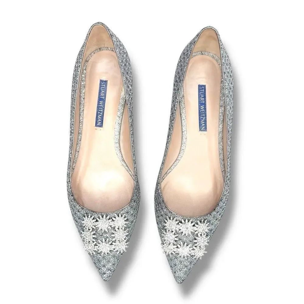 Stuart Weitzman Kelsey Night Stars Ballerina Flat in Silver Glitter Crystal 7.5